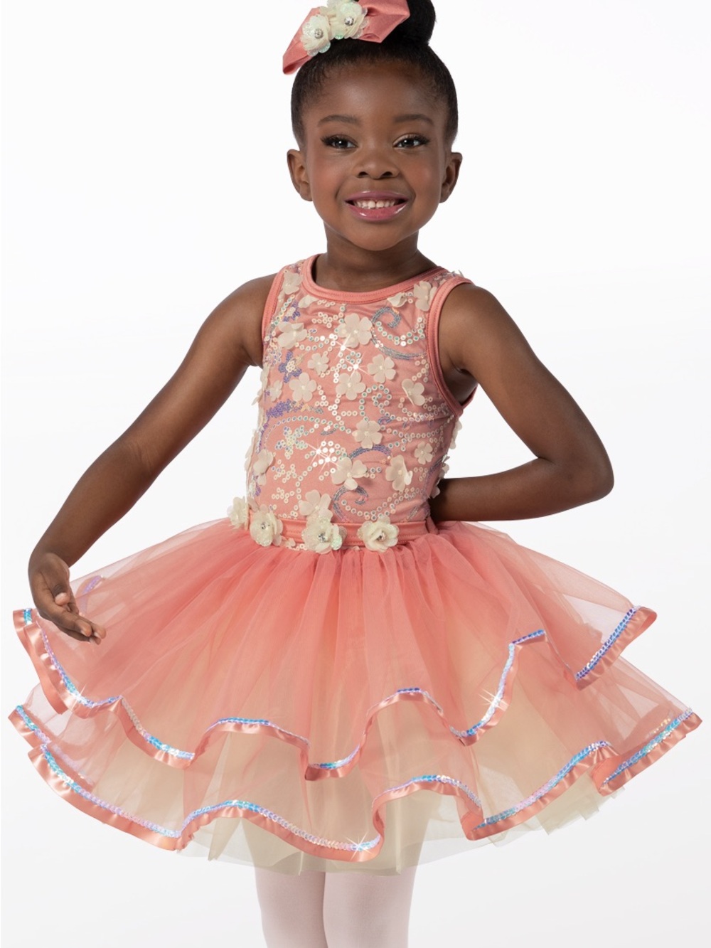 Weissman Coral Pink Floral Sequin Tulle Dance Costume